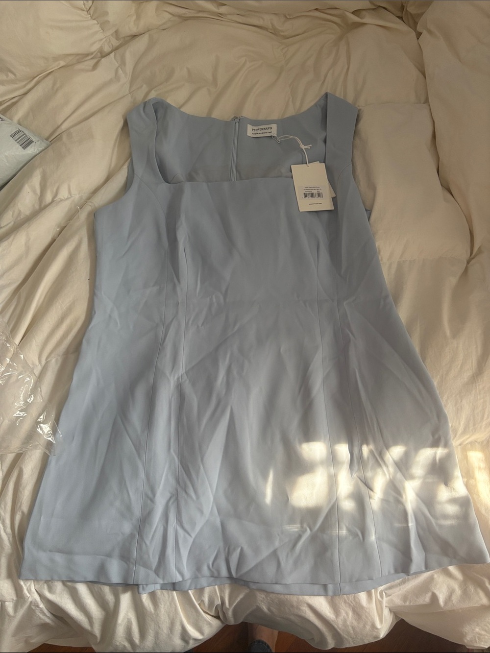 Peppermayo Pale Blue Square Neck Sleeveless Dress Lucky Charm Mini Dress size 12